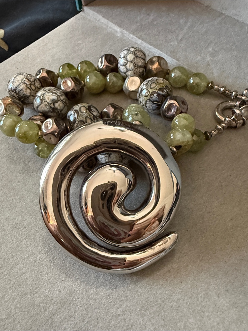 Artisan Sterling Silver Spiral Necklace with Aventurine, Glass, lamp work beads